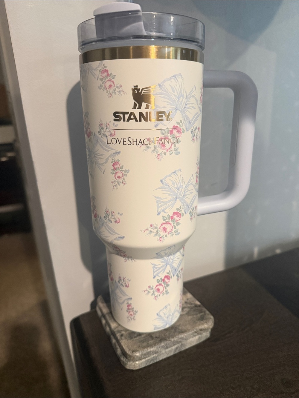 Stanley Cream Floral Travel Mug with Light Gray Handle and Gold Accent